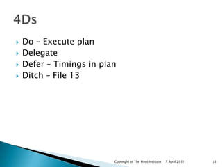 Do – Execute plan<br />Delegate<br />Defer – Timings in plan<br />Ditch – File 13<br />29 March 2011<br />Copyright of The...
