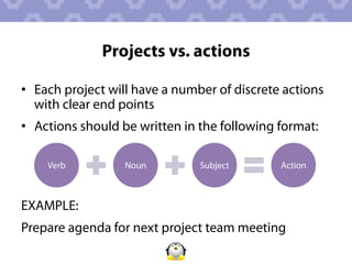 Projects vs. actions

•  Each project will have a number of discrete actions
   with clear end points
•  Actions should be written in the following format:

    Verb          Noun         Subject        Action



EXAMPLE:
Prepare agenda for next project team meeting
 