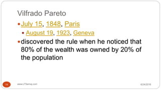 Vilfrado Pareto
6/24/2016www.LTSemaj.com14
July 15, 1848, Paris
 August 19, 1923, Geneva
discovered the rule when he noticed that
80% of the wealth was owned by 20% of
the population
 