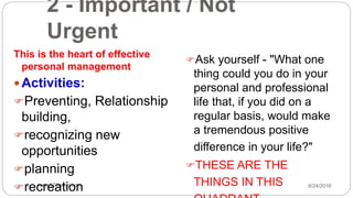 2 - Important / Not
Urgent
6/24/2016www.LTSemaj.com44
This is the heart of effective
personal management
 Activities:
Preventing, Relationship
building,
recognizing new
opportunities
planning
recreation
Ask yourself - "What one
thing could you do in your
personal and professional
life that, if you did on a
regular basis, would make
a tremendous positive
difference in your life?"
THESE ARE THE
THINGS IN THIS
 