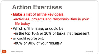 Action Exercises
6/24/2016www.LTSemaj.com65
 Make a list of all the key goals,
activities, projects and responsibilities in your
life today
 Which of them are, or could be
in the top 10% or 20% of tasks that represent,
 or could represent,
80% or 90% of your results?
 