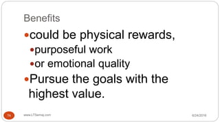 Benefits
6/24/2016www.LTSemaj.com74
could be physical rewards,
purposeful work
or emotional quality
Pursue the goals with the
highest value.
 