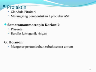  Prolaktin
• Glandula Pituitari
• Merangsang pembentukan / produksi ASI
Somatomammotropin Korionik
• Plasenta
• Bersifat laktogenik ringan
G. Hormon
• Mengatur pertumbuhan tubuh secara umum
11
 