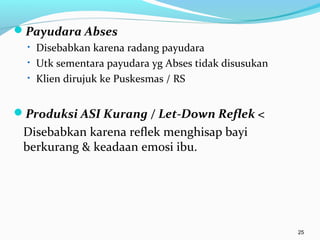 Payudara Abses
• Disebabkan karena radang payudara
• Utk sementara payudara yg Abses tidak disusukan
• Klien dirujuk ke Puskesmas / RS
Produksi ASI Kurang / Let-Down Reflek <
Disebabkan karena reflek menghisap bayi
berkurang & keadaan emosi ibu.
25
 