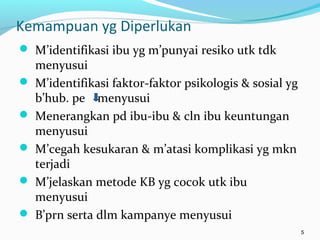 Kemampuan yg Diperlukan
 M’identifikasi ibu yg m’punyai resiko utk tdk
menyusui
 M’identifikasi faktor-faktor psikologis & sosial yg
b’hub. pe menyusui
 Menerangkan pd ibu-ibu & cln ibu keuntungan
menyusui
 M’cegah kesukaran & m’atasi komplikasi yg mkn
terjadi
 M’jelaskan metode KB yg cocok utk ibu
menyusui
 B’prn serta dlm kampanye menyusui
5
 