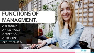 TREYresearch
FUNCTIONSOF
MANAGMENT.
 PLANNING.
 ORGANISING.
 STAFFING.
 DIRECTING.
CONTROLLING.
5
 