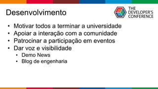 Globalcode – Open4education
Desenvolvimento
• Motivar todos a terminar a universidade
• Apoiar a interação com a comunidade
• Patrocinar a participação em eventos
• Dar voz e visibilidade
• Demo News
• Blog de engenharia
 