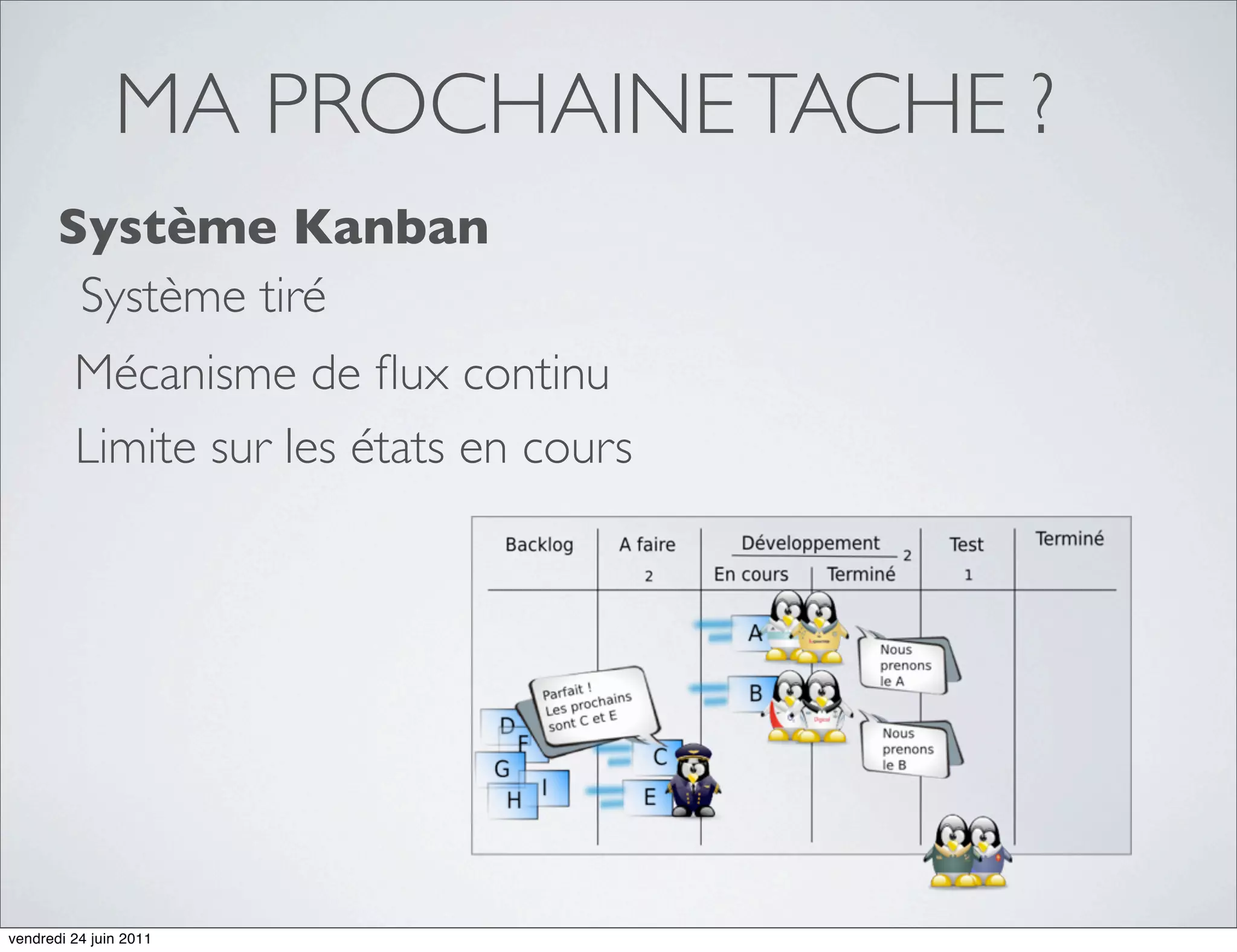 MA PROCHAINE TACHE ?
       Système Kanban
        Système tiré
         Mécanisme de ﬂux continu
         Limite sur les états en cours




vendredi 24 juin 2011
 
