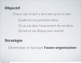 Objectif
                        Chacun sait ce qu’il a faire sans qu’on lui dise
                            Quelle est ma prochaine tâche
                            Ou je suis dans l'avancement de ma tâche
                            Qu'est-ce qui bloque pour avancer

         Stratégie
                 Décentraliser en favorisant l’auto-organisation



vendredi 24 juin 2011
 