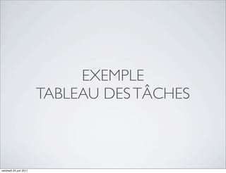 EXEMPLE
                        TABLEAU DES TÂCHES



vendredi 24 juin 2011
 