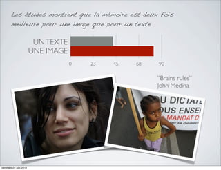 Les études montrent que la mémoire est deux fois
       meilleure pour une image que pour un texte

                         UN TEXTE
                        UNE IMAGE
                                    0   23   45   68   90

                                                       ”Brains rules”
                                                       John Medina




vendredi 24 juin 2011
 