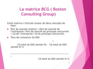 La matrice BCG ( Boston
Consulting Group)
Cette matrice s’articule autour de deux concepts de
base:
 Part de marché relative = Part de marché de
l’entreprise/ Part de marché du principal concurrent
= CA de l’entreprise/ CA du principal concurrent.
 Taux de croissance du DAS
=
CA total du DAS (Année N) - CA total du DAS
(Année N-1)
_____________________________________________
_
CA total du DAS (Année N-1)
130
 