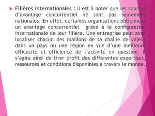  Filières internationales : Il est à noter que les sources
d’avantage concurrentiel ne sont pas seulement
nationales. En effet, certaines organisations obtiennent
un avantage concurrentiel grâce à la configuration
internationale de leur filière. Une entreprise peut ainsi
localiser chacun des maillons de sa chaîne de valeur
dans un pays ou une région en vue d’une meilleure
efficacité et efficience de l’activité en question. Il
s’agira ainsi de tirer profit des différentes expertises,
ressources et conditions disponibles à travers le monde.
 