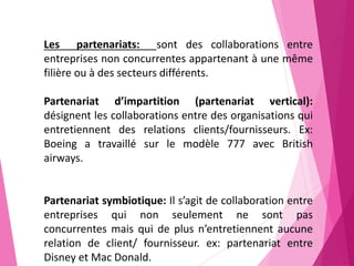 194
Les partenariats: sont des collaborations entre
entreprises non concurrentes appartenant à une même
filière ou à des secteurs différents.
Partenariat d’impartition (partenariat vertical):
désignent les collaborations entre des organisations qui
entretiennent des relations clients/fournisseurs. Ex:
Boeing a travaillé sur le modèle 777 avec British
airways.
Partenariat symbiotique: Il s’agit de collaboration entre
entreprises qui non seulement ne sont pas
concurrentes mais qui de plus n’entretiennent aucune
relation de client/ fournisseur. ex: partenariat entre
Disney et Mac Donald.
 