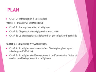 PLAN
 CHAP O: Introduction à la stratégie
PARTIE 1 : L’ANALYSE STRATEGIQUE
 CHAP 1 : La segmentation stratégique
 CHAP 2: Diagnostic stratégique d’une activité
 CHAP 3: Le diagnostic stratégique d’un portefeuille d’activités
PARTIE 2 : LES CHOIX STRATEGIQUES
 CHAP 4: Stratégies concurrentielles: Stratégies génériques
(stratégies d’affaires)
 CHAP 5: Stratégies de développement de l’entreprise :Voies et
modes de développement stratégiques
2
 