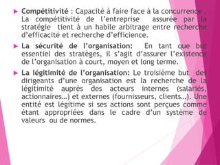  Compétitivité : Capacité à faire face à la concurrence .
La compétitivité de l’entreprise assurée par la
stratégie tient à un habile arbitrage entre recherche
d’efficacité et recherche d’efficience.
 La sécurité de l’organisation: En tant que but
essentiel des stratèges, il s’agit d’assurer l’existence
de l’organisation à court, moyen et long terme.
 La légitimité de l’organisation: Le troisième but des
dirigeants d’une organisation est la recherche de la
légitimité auprès des acteurs internes (salariés,
actionnaires…) et externes (fournisseurs, clients…). Une
entité est légitime si ses actions sont perçues comme
étant appropriées dans le cadre d’un système de
valeurs ou de normes.
 