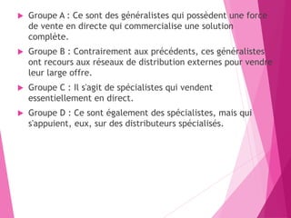  Groupe A : Ce sont des généralistes qui possèdent une force
de vente en directe qui commercialise une solution
complète.
 Groupe B : Contrairement aux précédents, ces généralistes
ont recours aux réseaux de distribution externes pour vendre
leur large offre.
 Groupe C : Il s'agit de spécialistes qui vendent
essentiellement en direct.
 Groupe D : Ce sont également des spécialistes, mais qui
s'appuient, eux, sur des distributeurs spécialisés.
 