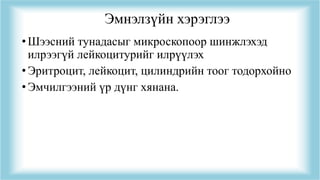 Эмнэлзүйн хэрэглээ
•Шээсний тунадасыг микроскопоор шинжлэхэд
илрээгүй лейкоцитурийг илрүүлэх
•Эритроцит, лейкоцит, цилиндрийн тоог тодорхойно
•Эмчилгээний үр дүнг хянана.
 