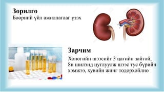 Зорилго
Бөөрний үйл ажиллагааг үзэх
Зарчим
Хоногийн шээсийг 3 цагийн зайтай,
8н шилэнд цуглуулж шээс тус бүрийн
хэмжээ, хувийн жинг тодорхойлно
 