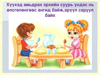 Хүүхэд амьдрах эрхийн суурь үндэс нь
өлсгөлөнгөөс ангид байж,эрүүл саруул
                байх
 