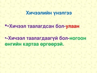 Хичээлийн үнэлгээ

•-Хичээл таалагдсан бол-улаан
•-Хичээл таалагдаагүй бол-ногоон
өнгийн картаа өргөөрэй.
 
