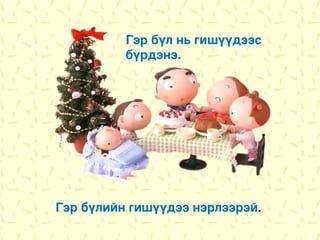 Гэр бүл нь гишүүдээс
          бүрдэнэ.




Гэр бүлийн гишүүдээ нэрлээрэй.
 