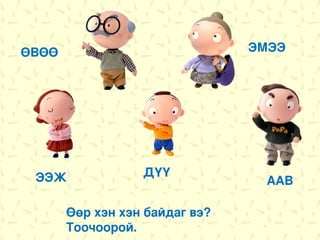 ӨВӨӨ                            ЭМЭЭ




 ЭЭЖ              ДҮҮ
                                 ААВ

       Өөр хэн хэн байдаг вэ?
       Тоочоорой.
 