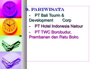 9. PARIWISATA9. PARIWISATA
-- PT Bali Tourm &PT Bali Tourm &
DevelopmentDevelopment CorpCorp
-- PT Hotel Indonesia NatourPT Hotel Indonesia Natour
-- PT TWC Borobudur,PT TWC Borobudur,
Prambanan dan Ratu BokoPrambanan dan Ratu Boko
 