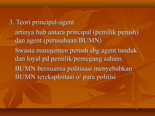 3. Teori principal-agent3. Teori principal-agent
artinya hub antara principal (pemilik perush)artinya hub antara principal (pemilik perush)
dan agent (perusahaan/BUMN)dan agent (perusahaan/BUMN)
Swasta manajemen perush sbg agent tundukSwasta manajemen perush sbg agent tunduk
dan loyal pd pemilik/pemegang saham.dan loyal pd pemilik/pemegang saham.
BUMN bernuansa politisasi menyebabkanBUMN bernuansa politisasi menyebabkan
BUMN tereksploitasi o/ para politisiBUMN tereksploitasi o/ para politisi
 