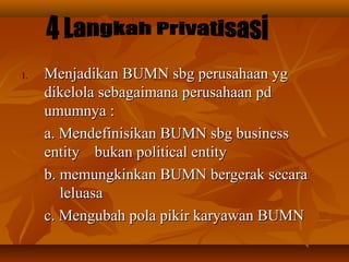 1.1. Menjadikan BUMN sbg perusahaan ygMenjadikan BUMN sbg perusahaan yg
dikelola sebagaimana perusahaan pddikelola sebagaimana perusahaan pd
umumnya :umumnya :
a. Mendefinisikan BUMN sbg businessa. Mendefinisikan BUMN sbg business
entityentity bukan political entitybukan political entity
b. memungkinkan BUMN bergerak secarab. memungkinkan BUMN bergerak secara
leluasaleluasa
c. Mengubah pola pikir karyawan BUMNc. Mengubah pola pikir karyawan BUMN
 