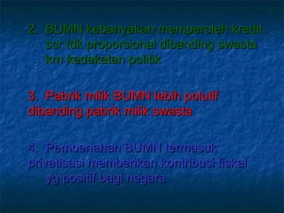 2.2. BUMN kebanyakan memperoleh kreditBUMN kebanyakan memperoleh kredit
scr tdk proporsional dibanding swastascr tdk proporsional dibanding swasta
krn kedekatan politikkrn kedekatan politik
3.3. Pabrik milik BUMN lebih polutifPabrik milik BUMN lebih polutif
dibanding pabrik milik swastadibanding pabrik milik swasta
4.4. Pembenahan BUMN termasukPembenahan BUMN termasuk
privatisasi memberikan kontribusi fiskalprivatisasi memberikan kontribusi fiskal
yg positif bagi negarayg positif bagi negara
 