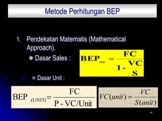 Metode Perhitungan BEP
1. Pendekatan Matematis (Mathematical
Approach).
 Dasar Sales :
 Dasar Unit :
VC/Unit
-
P
FC
BEP ...