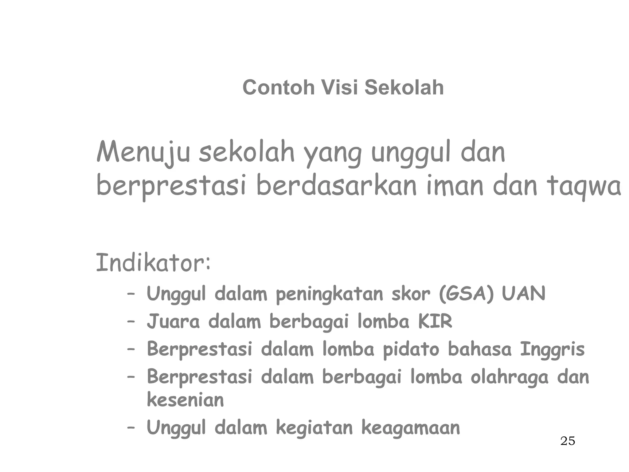 Contoh Visi Sekolah


Menuju sekolah yang unggul dan
berprestasi berdasarkan iman dan taqwa

Indikator:
  – Unggul dalam peningkatan skor (GSA) UAN
  – Juara dalam berbagai lomba KIR
  – Berprestasi dalam lomba pidato bahasa Inggris
  – Berprestasi dalam berbagai lomba olahraga dan
    kesenian
  – Unggul dalam kegiatan keagamaan
                                              25
 