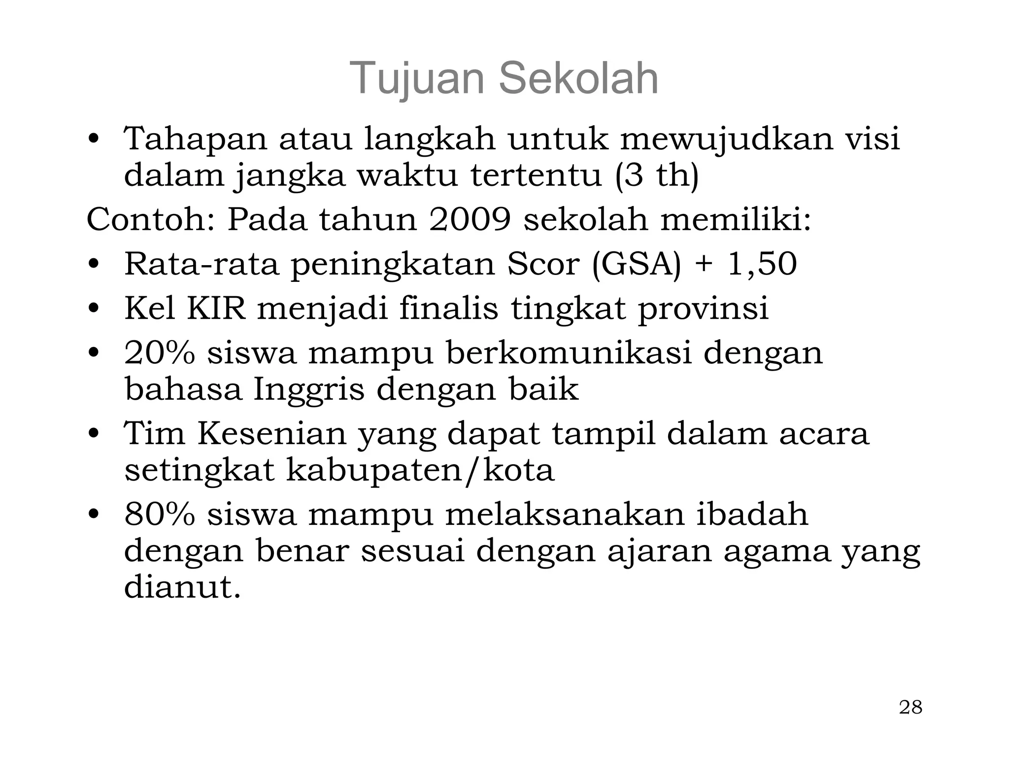Tujuan Sekolah
• Tahapan atau langkah untuk mewujudkan visi
  dalam jangka waktu tertentu (3 th)
Contoh: Pada tahun 2009 sekolah memiliki:
• Rata-rata peningkatan Scor (GSA) + 1,50
• Kel KIR menjadi finalis tingkat provinsi
• 20% siswa mampu berkomunikasi dengan
  bahasa Inggris dengan baik
• Tim Kesenian yang dapat tampil dalam acara
  setingkat kabupaten/kota
• 80% siswa mampu melaksanakan ibadah
  dengan benar sesuai dengan ajaran agama yang
  dianut.


                                            28
 