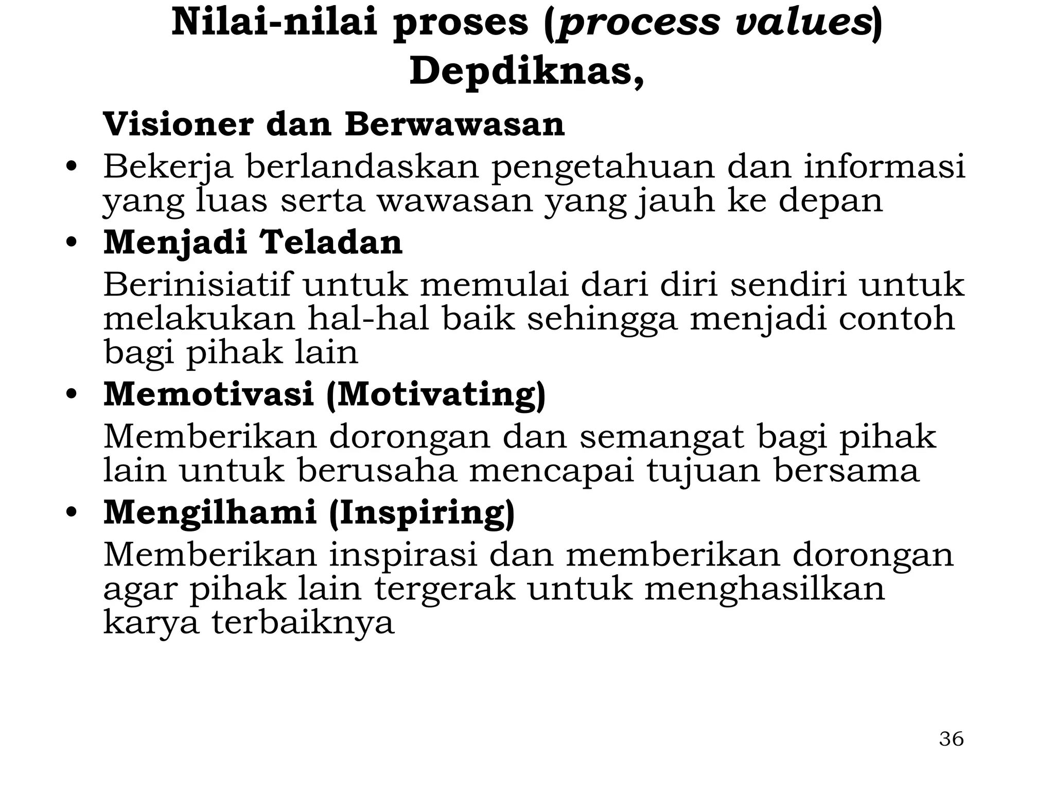 Nilai-nilai proses (process values)
                    Depdiknas,
    Visioner dan Berwawasan
•   Bekerja berlandaskan pengetahuan dan informasi
    yang luas serta wawasan yang jauh ke depan
•   Menjadi Teladan
    Berinisiatif untuk memulai dari diri sendiri untuk
    melakukan hal-hal baik sehingga menjadi contoh
    bagi pihak lain
•   Memotivasi (Motivating)
    Memberikan dorongan dan semangat bagi pihak
    lain untuk berusaha mencapai tujuan bersama
•   Mengilhami (Inspiring)
    Memberikan inspirasi dan memberikan dorongan
    agar pihak lain tergerak untuk menghasilkan
    karya terbaiknya


                                                    36
 