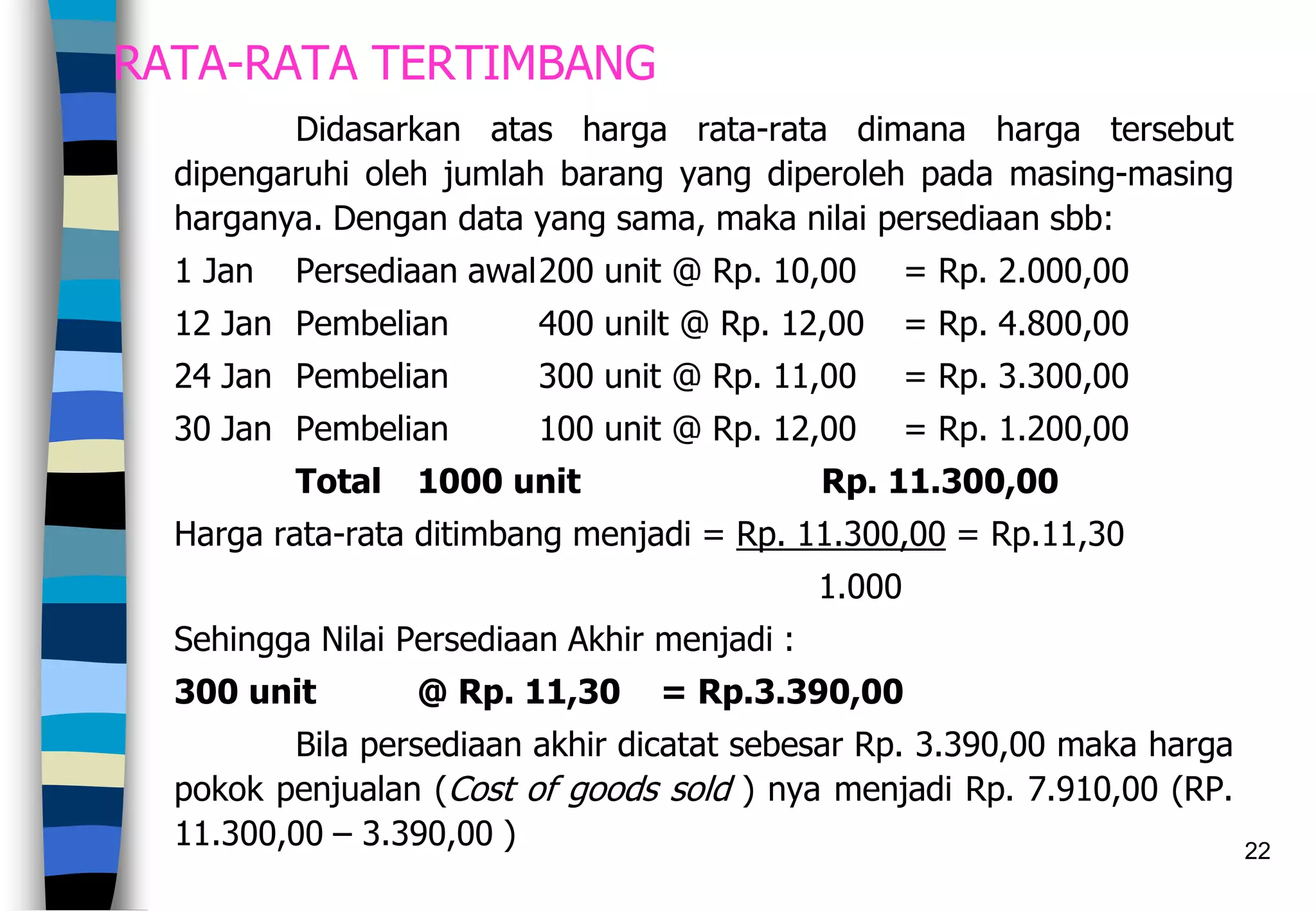 22
RATA-RATA TERTIMBANG
Didasarkan atas harga rata-rata dimana harga tersebut
dipengaruhi oleh jumlah barang yang diperoleh pada masing-masing
harganya. Dengan data yang sama, maka nilai persediaan sbb:
1 Jan Persediaan awal200 unit @ Rp. 10,00 = Rp. 2.000,00
12 Jan Pembelian 400 unilt @ Rp. 12,00 = Rp. 4.800,00
24 Jan Pembelian 300 unit @ Rp. 11,00 = Rp. 3.300,00
30 Jan Pembelian 100 unit @ Rp. 12,00 = Rp. 1.200,00
Total 1000 unit Rp. 11.300,00
Harga rata-rata ditimbang menjadi = Rp. 11.300,00 = Rp.11,30
1.000
Sehingga Nilai Persediaan Akhir menjadi :
300 unit @ Rp. 11,30 = Rp.3.390,00
Bila persediaan akhir dicatat sebesar Rp. 3.390,00 maka harga
pokok penjualan (Cost of goods sold ) nya menjadi Rp. 7.910,00 (RP.
11.300,00 – 3.390,00 )
 