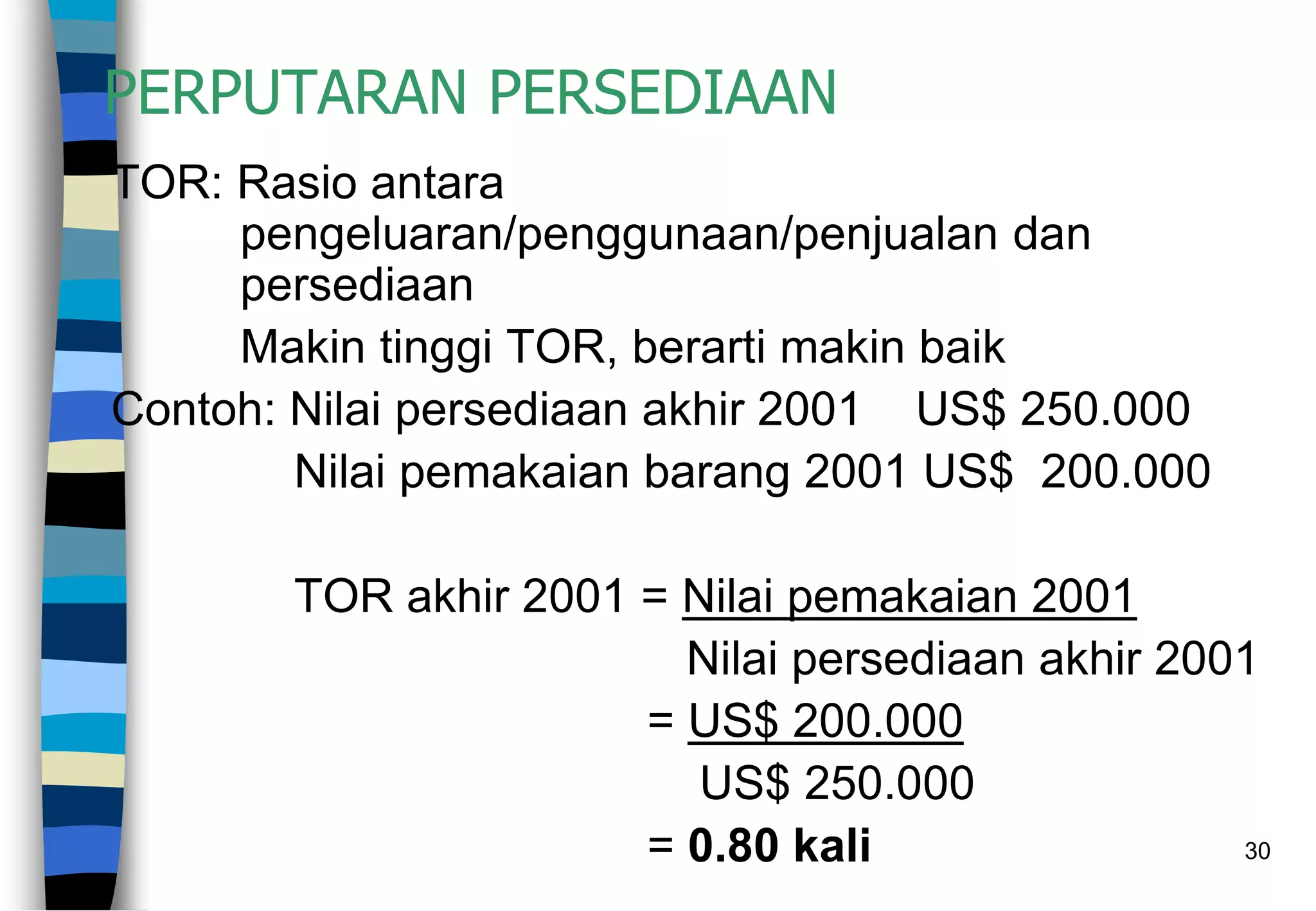 30
PERPUTARAN PERSEDIAAN
TOR: Rasio antara
pengeluaran/penggunaan/penjualan dan
persediaan
Makin tinggi TOR, berarti makin baik
Contoh: Nilai persediaan akhir 2001 US$ 250.000
Nilai pemakaian barang 2001 US$ 200.000
TOR akhir 2001 = Nilai pemakaian 2001
Nilai persediaan akhir 2001
= US$ 200.000
US$ 250.000
= 0.80 kali
 