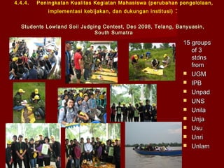 4.4.4.

Peningkatan Kualitas Kegiatan Mahasiswa (perubahan pengelolaan,
implementasi kebijakan, dan dukungan institusi)

:

Students Lowland Soil Judging Contest, Dec 2008, Telang, Banyuasin,
South Sumatra

15 groups
of 3
stdns
from
 UGM
 IPB
 Unpad
 UNS
 Unila
 Unja
 Usu
 Unri
 Unlam

 