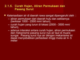 2.1.5. Curah Hujan, Aliran Permukaan dan
Pasang Surut


Ketersediaan air di daerah rawa sangat dipengaruhi oleh :
– aliran permukaan dari daerah hulu dan sekitarnya
(berkisar 1000 - 2500 mm/ tahun),
– curah hujan yang turun di lokasi (2000 - 3500 mm/
tahun),
– adanya interaksi antara curah hujan, aliran permukaan
dan mekanisme pasang surut nya air laut di muara
sungai. Pasang surut nya air dengan mekanisme ini
dapat menyebabkan perbedaan tinggi muka air 4- 5
meter

 