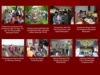 Pertemuan pembinaan P3A
Sri Makmur oleh Tim Dep. PU
dan Tim STLD di Blok
Sekunder P6-3N.

Pembangunan saluran tersier
di Tekarang, Sambas.

Gotong royong perbaikan dan
pemeliharaan jalan usahatani
di Blok Sekunder P6-3N.

Diskusi dgn Martijn
ke Bintang Mas

Penyerahan akte P3A
Tirta Guna Karya I oleh
Bupati Banyuasin.

Diskusi kelompok P3A
dengan pak Haag di
Bintang Mas.

Koordinasi dengan Dinas
PU Pengairan Kabupaten
Banyuasin.

Pelatihan Kelompok
P3A di Bintang Mas,
13 Agustus 2007

 