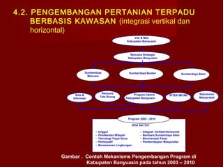 4.2. PENGEMBANGAN PERTANIAN TERPADU
BERBASIS KAWASAN (integrasi vertikal dan
horizontal)
Visi & Misi
Kabupaten Banyuasin

Rencana Strategis
Kabupaten Banyuasin

Sumberdaya
Manusia

Rencana
Tata Ruang

Data &
Informasi

Sumberdaya Buatan

Program Utama
Kabupaten Banyuasin

Sumberdaya Alam

IPTEK IMTAK

Program 2003 - 2010
Sifat dan Ciri
-

Unggul
Pendekatan Wilayah
Teknologi Tepat Guna
Partisipatif
Berwawasan Lingkungan

-

Integral: Vertikal-Horizontal
Berbasis Sumberdaya Alam
Berorientasi Pasar
Pemberdayaan Masyarakat

Gambar . Contoh Mekanisme Pengembangan Program di
Kabupaten Banyuasin pada tahun 2003 – 2010

Kebutuhan
Masyarakat

 