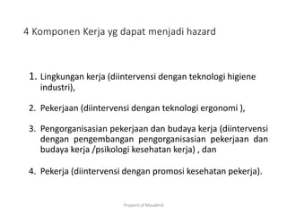 Properti of MyudimS
4 Komponen Kerja yg dapat menjadi hazard
1. Lingkungan kerja (diintervensi dengan teknologi higiene
industri),
2. Pekerjaan (diintervensi dengan teknologi ergonomi ),
3. Pengorganisasian pekerjaan dan budaya kerja (diintervensi
dengan pengembangan pengorganisasian pekerjaan dan
budaya kerja /psikologi kesehatan kerja) , dan
4. Pekerja (diintervensi dengan promosi kesehatan pekerja).
 