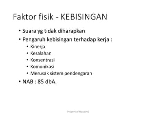 Properti of MyudimS
Faktor fisik - KEBISINGAN
• Suara yg tidak diharapkan
• Pengaruh kebisingan terhadap kerja :
• Kinerja
• Kesalahan
• Konsentrasi
• Komunikasi
• Merusak sistem pendengaran
• NAB : 85 dbA.
 