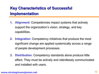 Alignment :  Competencies impact systems that actively support the organization’s vision, strategy, and key capabilities. Integration :  Competency initiatives that produce the most significant change are applied systemically across a range of people development processes.  Distribution :  Competency standards alone produce little effect. They must be actively and relentlessly communicated and installed with users. Key Characteristics of Successful Implementation 