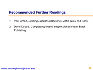 Recommended Further Readings Paul Green,  Building Robust Competency,  John Wiley and Sons David Dubois,  Competency-based people Management , Black Publishing 