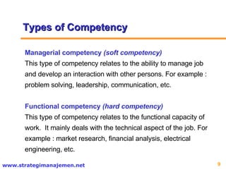 Types of Competency Managerial competency  (soft competency) This type of competency relates to the ability to manage job and develop an interaction with other persons. For example : problem solving, leadership, communication, etc.   Functional competency  (hard competency) This type of competency relates to the functional capacity of work.  It mainly deals with the technical aspect of the job. For example : market research, financial analysis, electrical engineering, etc.  