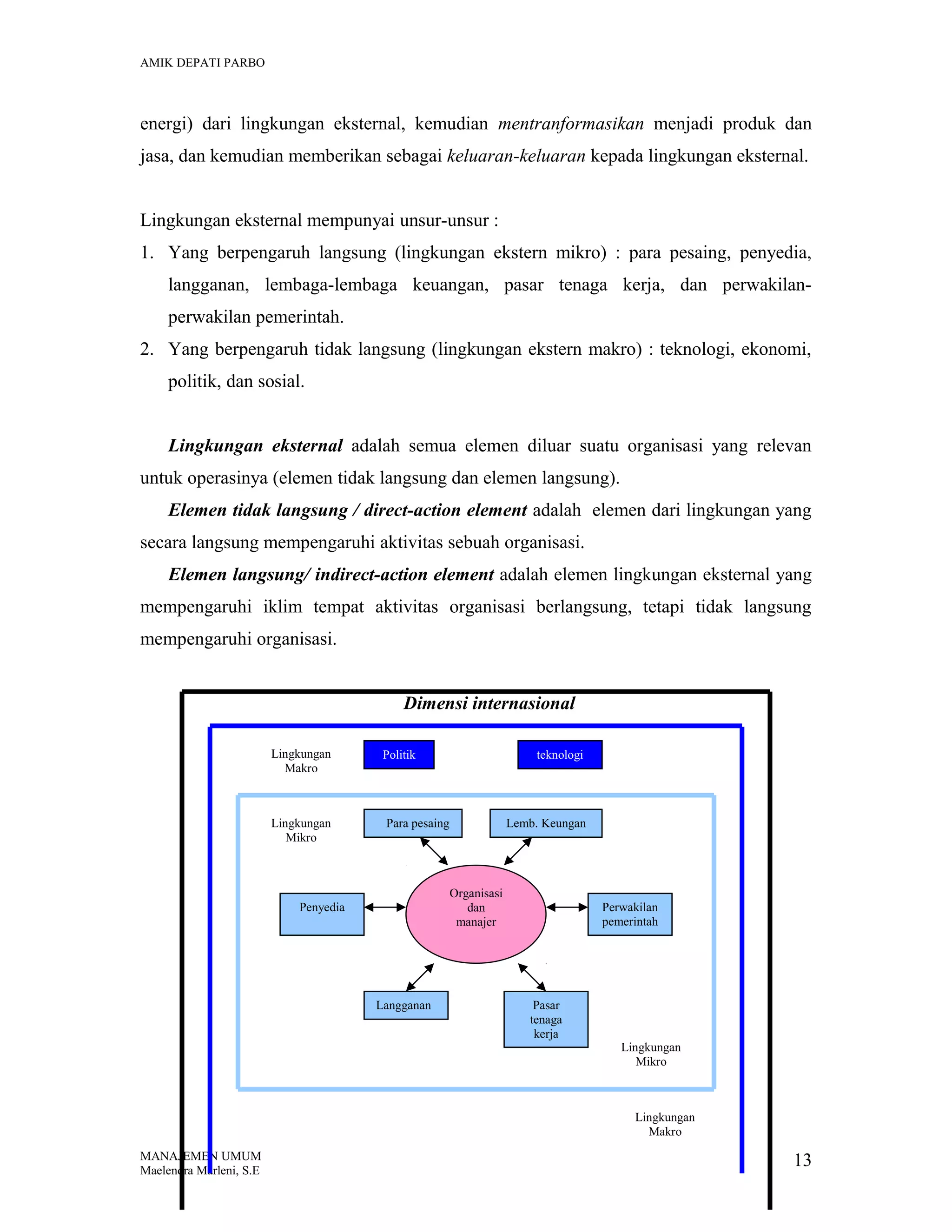 AMIK DEPATI PARBO

energi) dari lingkungan eksternal, kemudian mentranformasikan menjadi produk dan
jasa, dan kemudian memberikan sebagai keluaran-keluaran kepada lingkungan eksternal.
Lingkungan eksternal mempunyai unsur-unsur :
1. Yang berpengaruh langsung (lingkungan ekstern mikro) : para pesaing, penyedia,
langganan, lembaga-lembaga keuangan, pasar tenaga kerja, dan perwakilanperwakilan pemerintah.
2. Yang berpengaruh tidak langsung (lingkungan ekstern makro) : teknologi, ekonomi,
politik, dan sosial.
Lingkungan eksternal adalah semua elemen diluar suatu organisasi yang relevan
untuk operasinya (elemen tidak langsung dan elemen langsung).
Elemen tidak langsung / direct-action element adalah elemen dari lingkungan yang
secara langsung mempengaruhi aktivitas sebuah organisasi.
Elemen langsung/ indirect-action element adalah elemen lingkungan eksternal yang
mempengaruhi iklim tempat aktivitas organisasi berlangsung, tetapi tidak langsung
mempengaruhi organisasi.
Dimensi internasional
Lingkungan
Makro

Politik

Lingkungan
Mikro

Para pesaing

teknologi

Lemb. Keungan

Organisasi
dan
manajer

Penyedia

Langganan

Perwakilan
pemerintah

Pasar
tenaga
kerja

Lingkungan
Mikro

Lingkungan
Makro
MANAJEMEN UMUM
Maelendra Marleni, S.E

13

 