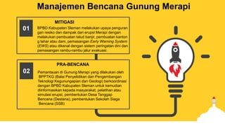 Manajemen Bencana Gunung Merapi
BPBD Kabupaten Sleman melakukan upaya penguran
gan resiko dan dampak dari erupsi Merapi dengan
melakukan pembuatan talud banjir, pembuatan kanton
g lahar atau dam, pemasangan Early Warning System
(EWS) atau dikenal dengan sistem peringatan dini dan
pemasangan rambu-rambu jalur evakuasi.
MITIGASI
01
Pemantauan di Gunung Merapi yang dilakukan oleh
BPPTKG (Balai Penyelidikan dan Pengembangan
Teknologi Kegunungapian dan Geologi) berkoordinasi
dengan BPBD Kabupaten Sleman untuk kemudian
diinformasikan kepada masyarakat, pelatihan atau
simulasi erupsi, pembentukan Desa Tanggap
Bencana (Destana), pembentukan Sekolah Siaga
Bencana (SSB)
PRA-BENCANA
02
 