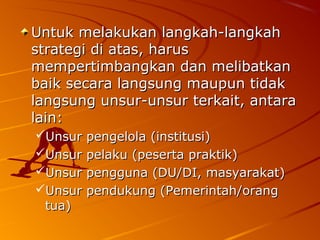 Untuk melakukan langkah-langkahUntuk melakukan langkah-langkah
strategi di atas, harusstrategi di atas, harus
mempertimbangkan dan melibatkanmempertimbangkan dan melibatkan
baik secara langsung maupun tidakbaik secara langsung maupun tidak
langsung unsur-unsur terkait, antaralangsung unsur-unsur terkait, antara
lain:lain:
Unsur pengelola (institusi)Unsur pengelola (institusi)
Unsur pelaku (peserta praktik)Unsur pelaku (peserta praktik)
Unsur pengguna (DU/DI, masyarakat)Unsur pengguna (DU/DI, masyarakat)
Unsur pendukung (Pemerintah/orangUnsur pendukung (Pemerintah/orang
tua)tua)
 
