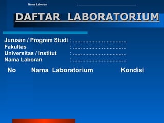 Nama Laboran

: ...........................................................................

DAFTAR LABORATORIUM
Jurusan / Program Studi
Fakultas
Universitas / Institut
Nama Laboran

No

: ...................................
: ...................................
: ...................................
: ...................................

Nama Laboratorium

Kondisi

 
